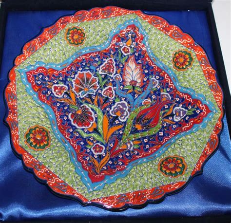 Handmade Turkish Iznik Floral Pattern Cini Plate In Box Anatolian