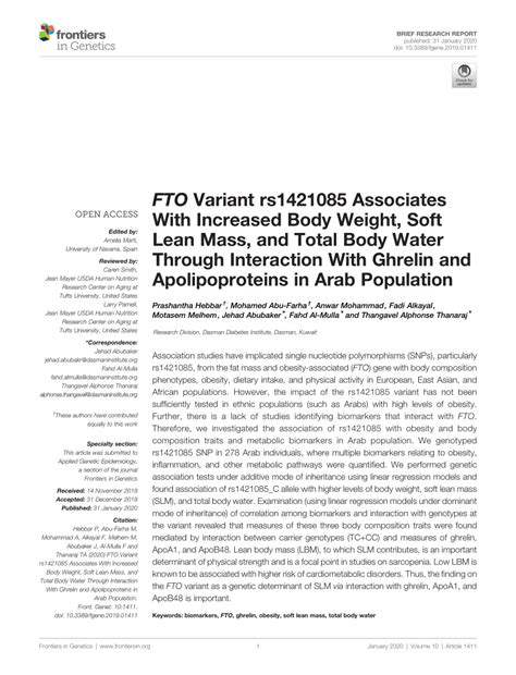 Pdf Fto Variant Rs1421085 Associates With Increased Body Weight Soft Lean Mass And Total