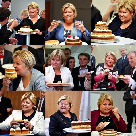 Norwegian Prime Minister Erna Solberg Eating Cake Stable Diffusion