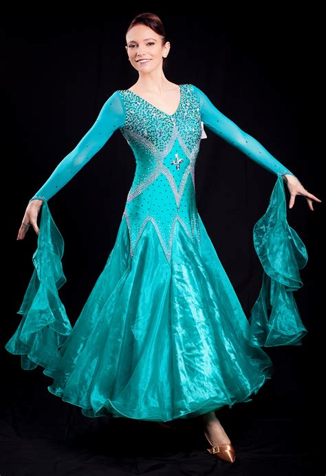 elegant teal ballroom dress with long mesh sleeves