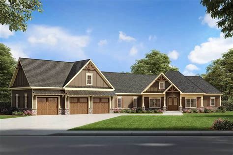 Single Story 4 Bedroom Craftsman House With 3 Car Angled Garage House