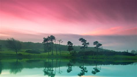 1920x1080 Sky Green Nature River Pink Shore Coolwallpapersme