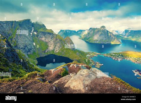 Aerial View Of The Fjord From The Mountain Reine Norway Beautiful
