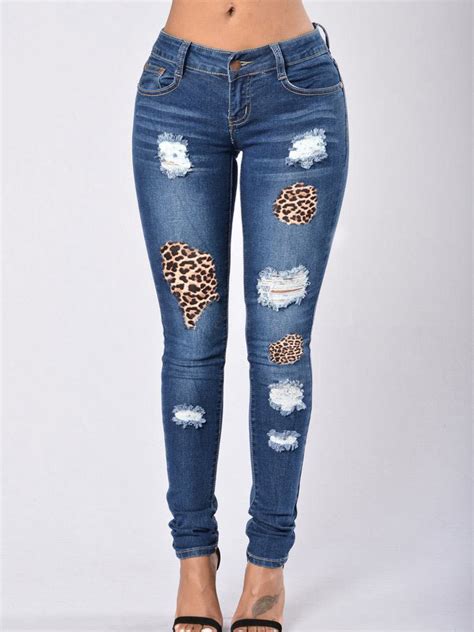 Wholesale Stylish Leopard Panel Ripped Skinny Jeans Vpm061750db