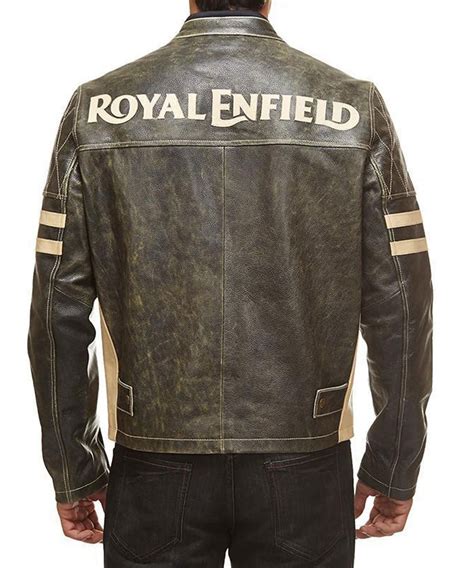 Mens Striped Cafe Racer Royal Enfield Leather Jacket Jackets Masters