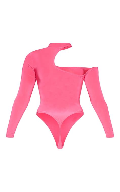 Hot Pink High Neck Cut Out Long Sleeve Bodysuit Prettylittlething Ca