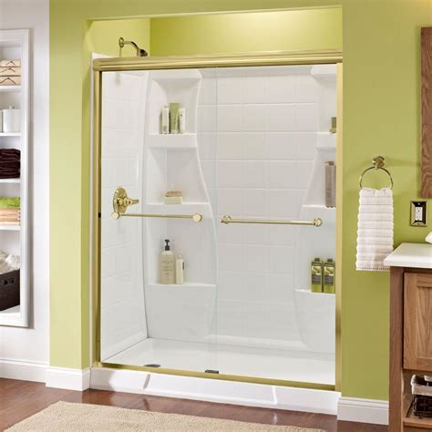 Back to back shower door pull in satin brass (1) model. Delta Crestfield 60 in. x 70 in. Semi-Frameless Sliding ...