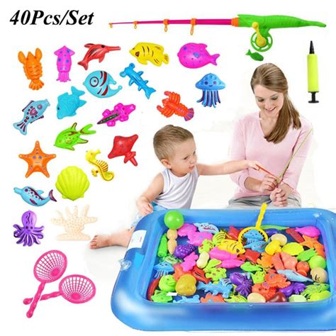 40pcsset Magnetic Fishing Toy Rod Net Set Inflatable Pool For Kids