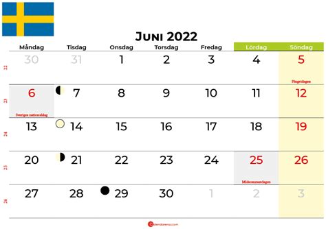 Kalender 2022 Juni Sverige Med Veckonummer