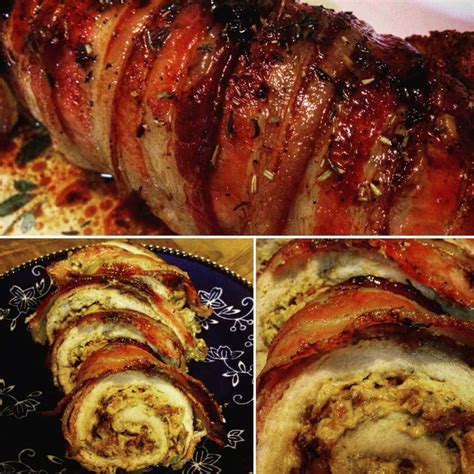 Bacon Wrapped Cream Cheese And Caramelized Onion Stuffed Pork Roulade