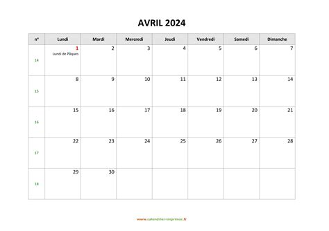 Calendrier Avril 2024 à Imprimer