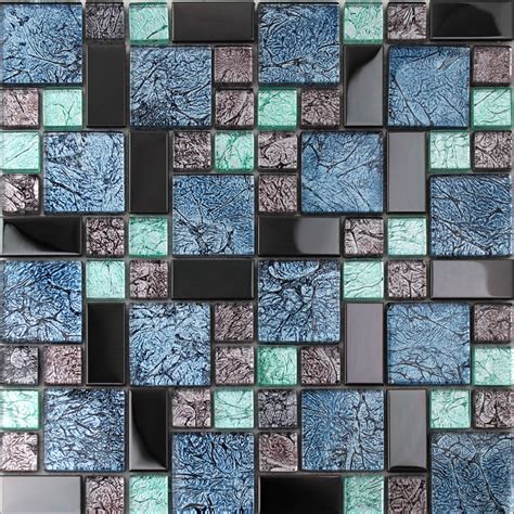 Crystal Glass Tile Backsplash Black Stainless Steel With Base Meta Mosaic Tatin Bathroom Wall