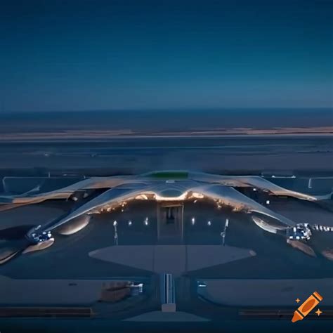 Air Footage Of A Futuristic Airport Of 2030 In A Desert With Lots Of
