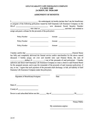 Ms Gulf Guaranty Life Insurance Company Assignment Of Benefits Fill And Sign