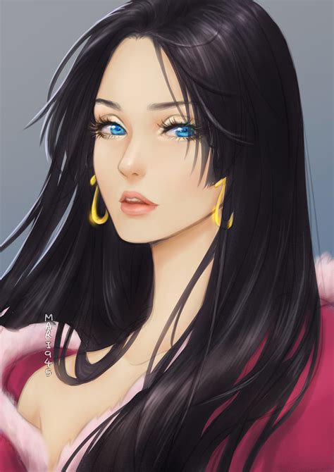 Anime Girls One Piece Boa Hancock Open Shirt Long Hair Black Hair Blue Eyes