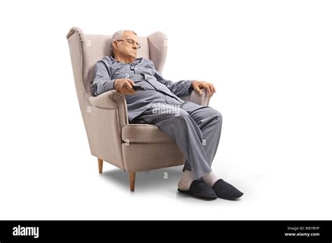 Mature Man Sleeping In An Armchair Isolated On White Background Stock