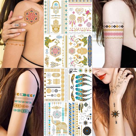 buy fake temporary metallic tattoos for women girls 100 shimmer tattoo designs flash gold