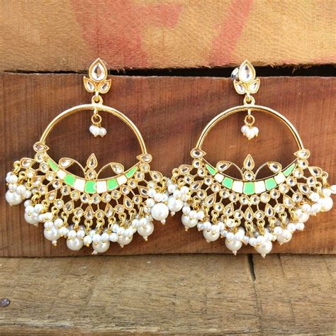 Light Green Meenakari Hoop Earring For Lehenga Indian Bridal Jewelry Sets