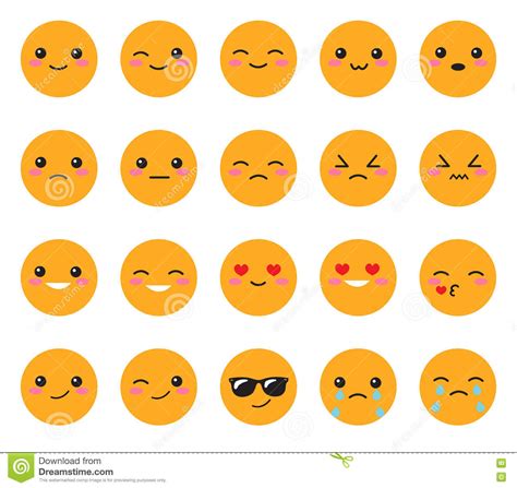 Set Yellow Emotions Face Set Japanese Smiles Round