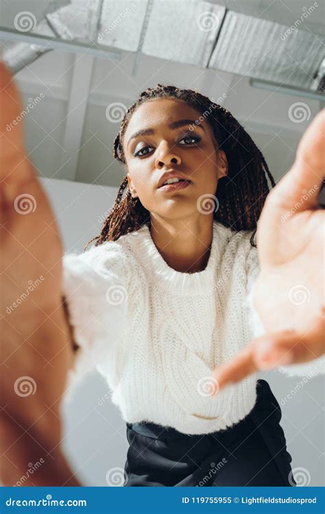 Low Angle View Of Beautiful Stylish African American Girl Stock Image