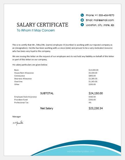 20 Salary Certificate Templates For Ms Word Word And Excel Templates