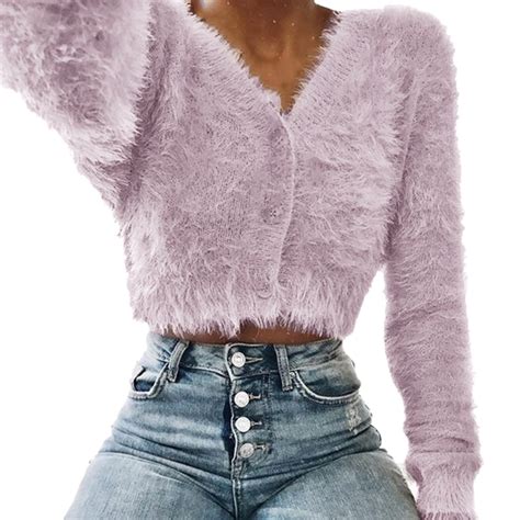 Short Sweater Women Fashion V Neck Long Sleeve Furry Casual Sweater