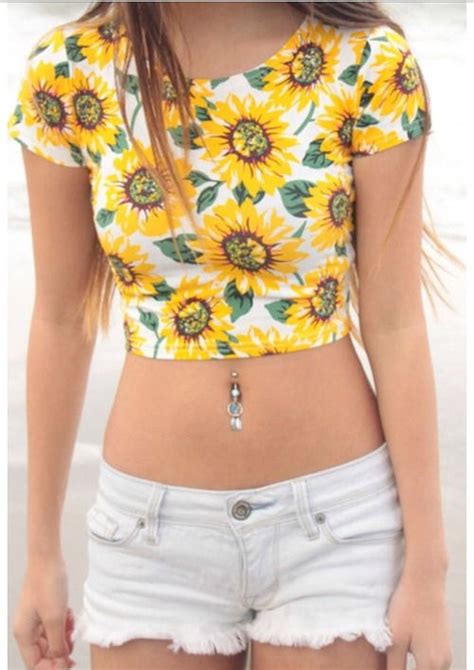 Belly Button Ring Crop Tops Print Crop Tops Sunflower Crop Top