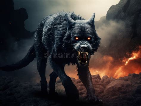 A Black Wolf With Glowing Eyes Walking On Rocks Stock Illustration