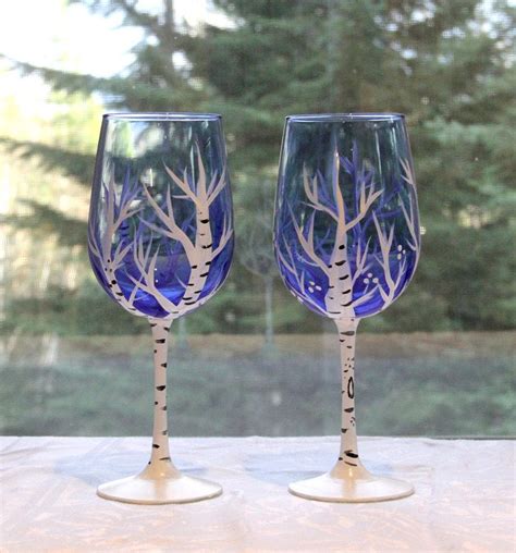 Hand Painted Birch Tree Wine Glasses Set Of Two Etsy Wine Glasses Birch Tree Wine