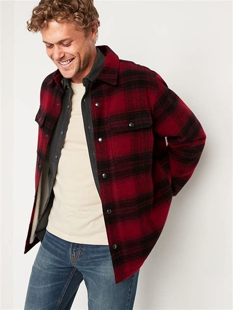 Plaid Wool Blend Sherpa Lined Shirt Jacket For Men Old Navy