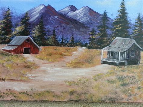 Painting Featuring A Mountain Scene With A Old Red Barn And An