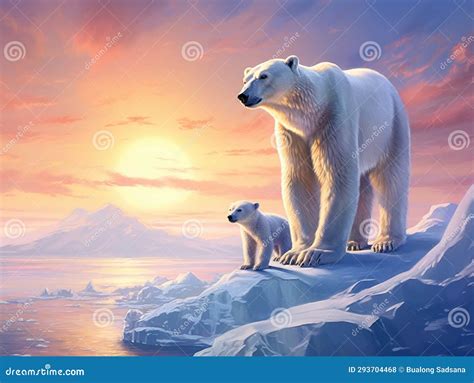 Ai Generated Illustration Wildlife Concept Of Polar Bear And Cub Stock