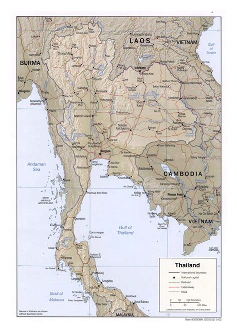 Detailed Political Map Of Thailand With Relief Roads Railorads And Major Cities