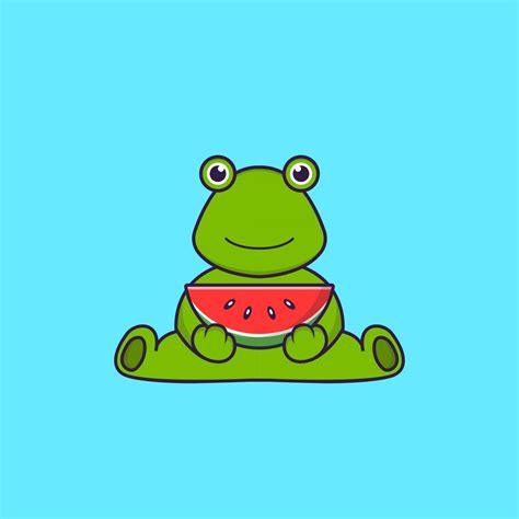 Cute Frog Eating Watermelon Animal Cartoon Concept Isolated Can Used