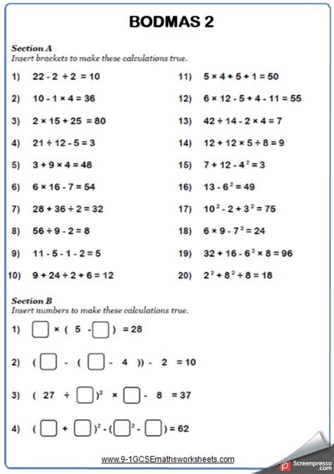 From solving equations, to bodmas to substitution our year 7 algebra worksheets are fun and easy to follow. Position the Brackets A Maths Worksheet and Answers GCSE ...