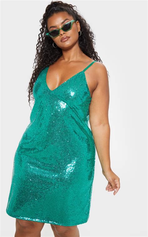 Plus Bright Green Sequin Strappy Swing Dress Prettylittlething Usa