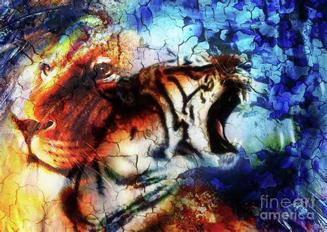 Portrait Lion And Tiger Face Profile Portrait On Colorful Abstract