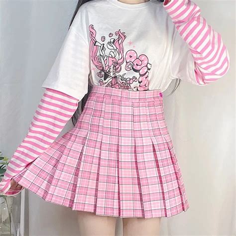 33 17us women harajuku sweet plaid skirt summer female cute soft high waist mini kawaii pink