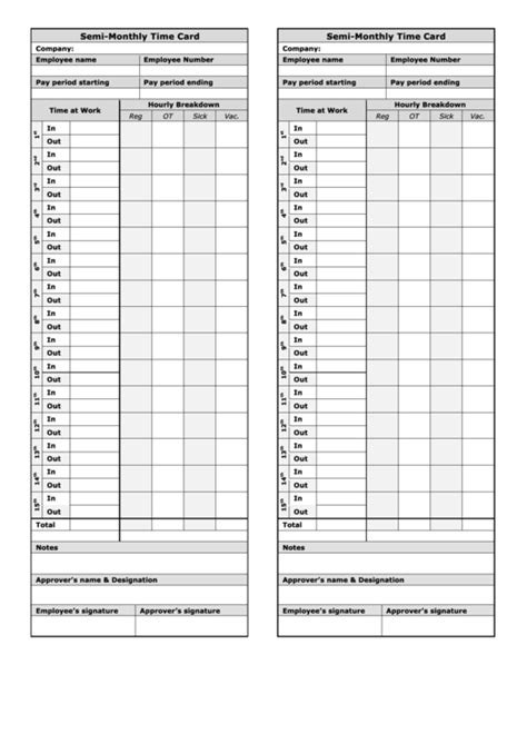 Semi Monthly Time Card Template Two Per Page Printable Pdf Download