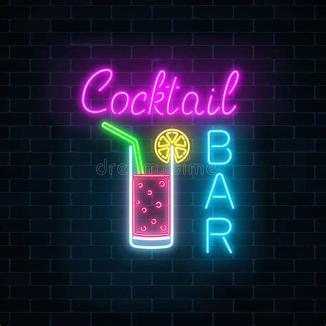 Glowing Neon Cocktails Bar Signboard On Dark Brick Wall Background Luminous Advertising Sign Of