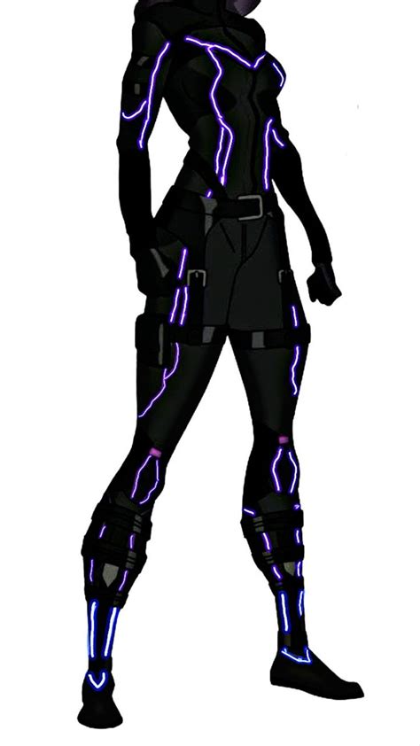 A Drawing Of A Woman In Black With Purple Lightnings On Her Chest And Arms