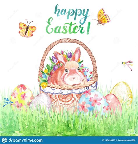 Watercolor Cute Baby Bunny In Easter Basket Easter Card With Rabbit