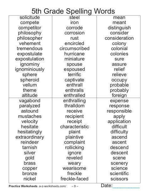 5 Grade Vocabulary Words