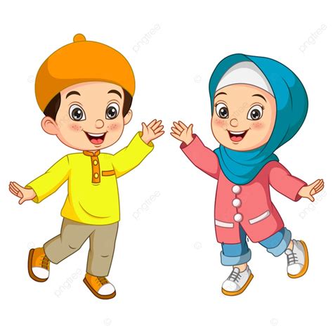 Kartun Anak Laki Laki Dan Perempuan Muslim Yang Bahagia Selamat Puasa