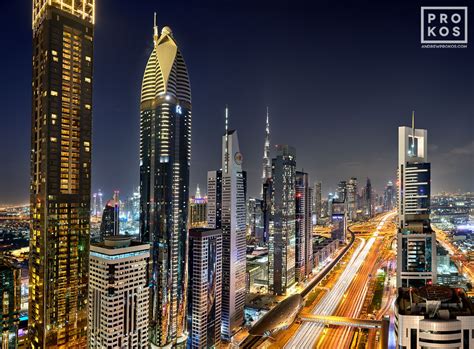 Sheikh Zayed Road Towers At Night Dubai Skyline Photo Prokos