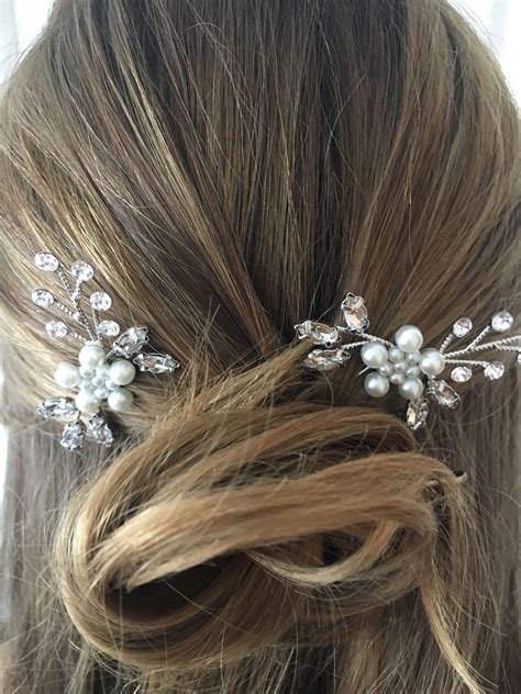 Set Of 2 Silver And Pearl Bridal Hair Pins Wedding Hair Etsy