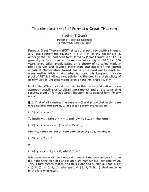 Pdf The Simplest Proof Of Fermats Great Theorem