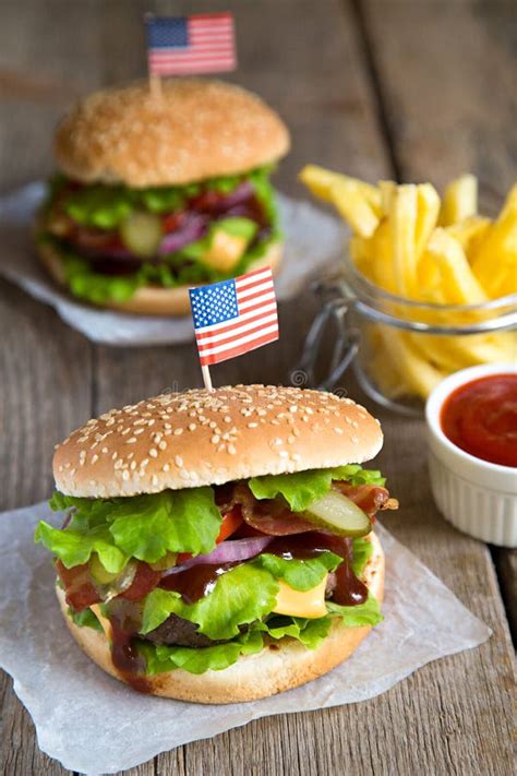 Two American Burger With French Fries Stock Image Image Of Ground