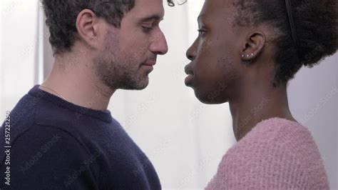 Babe White Man And Black African Woman Kissing Mixed Interracial Love