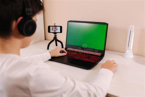 Back View Of Young Boy Play Game On Laptop Green Screen Steamer In